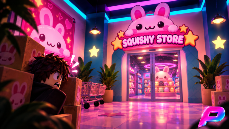 A player hiding outside the glowing pink Squishy Store